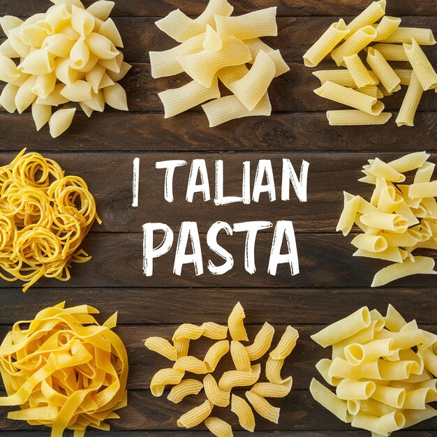 Verschillende soorten Italiaanse pasta op een houten achtergrond