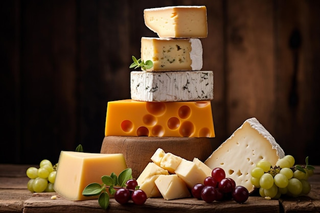 Verschillende soorten kaas gestapeld op een rustieke achtergrond