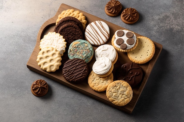 Verschillende soorten koekjes op een klein houten bordje tegen een marmeren achtergrond