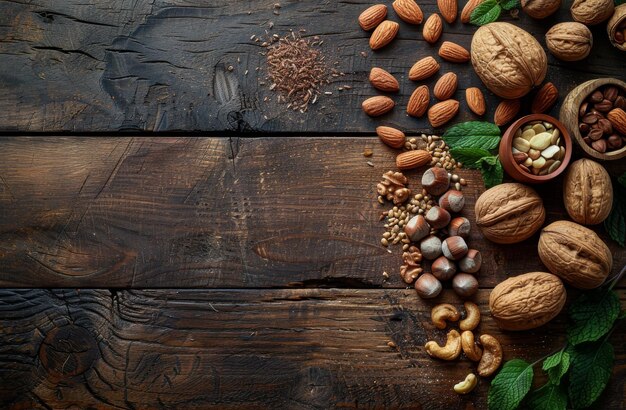 Verschillende soorten noten op een bruine houten tafel