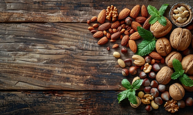 Verschillende soorten noten op een bruine houten tafel