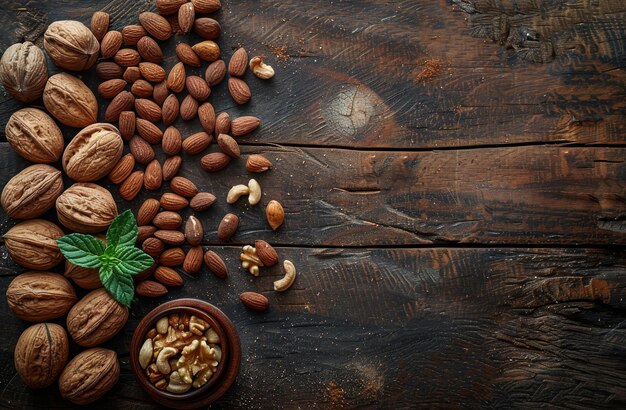 Verschillende soorten noten op een houten tafel