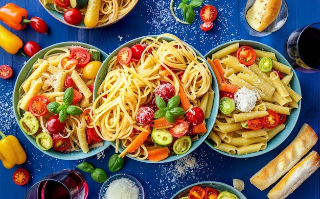 Verschillende soorten pasta en groenten op een blauwe houten tafel