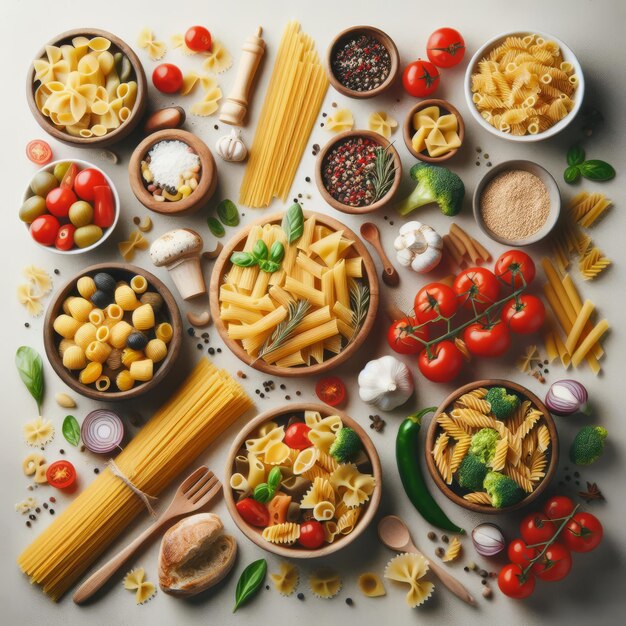 Verschillende soorten pasta omringd door specerijen en groenten