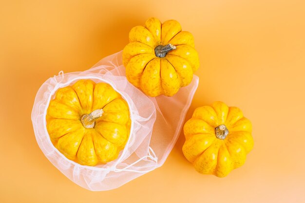 Verschillende soorten pompoenen in een mesh zak van stof op oranje achtergrond herfst conceptcopy spaceco