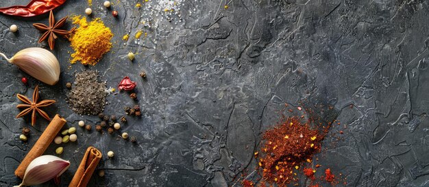 Verschillende soorten specerijen gerangschikt op een stenen tafelblad gezien van boven met ruimte voor tekst