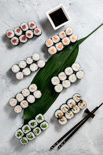 Verschillende soorten sushi rolt op een bord bovenaanzicht