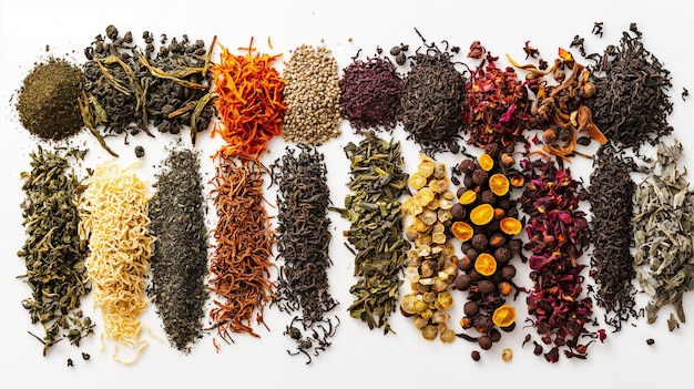 Verschillende soorten thee en specerijen netjes gerangschikt op een witte achtergrond met verscheidenheid en kleur
