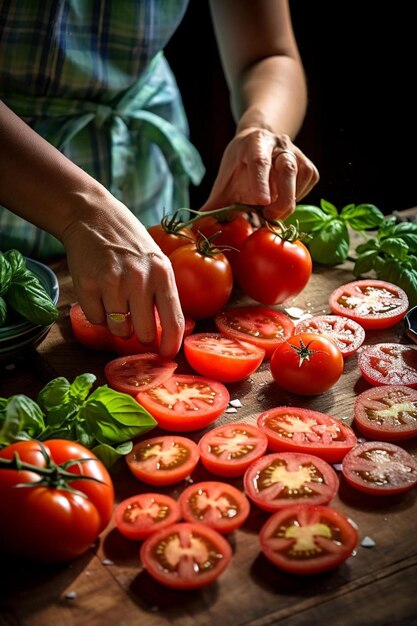 Foto verschillende soorten tomaten op een houten tafel vrouw hakken plakjes tomaten rond