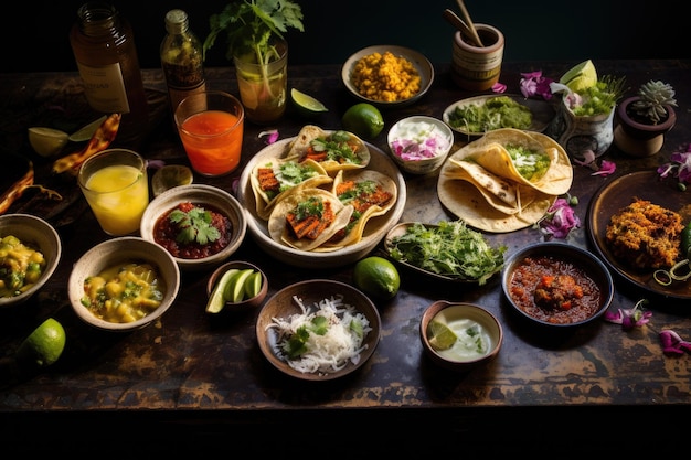 Verschillende soorten voedsel liggen op een tafel, een Mexicaans feest met tacos, guacamole en margaritas.