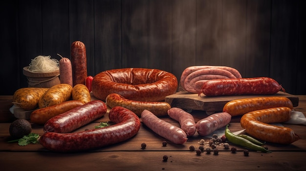 Verschillende soorten worst op een houten tafel vleesproducten eten