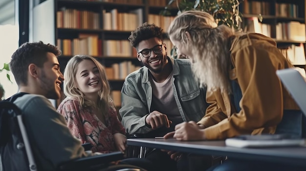 Foto verschillende studenten, waaronder een jonge man in een rolstoel, praten in de universiteitsbibliotheek.