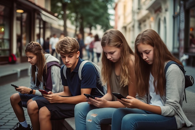 Verschillende tieners met smartphones buiten Tieners zitten op een bankje op straat nadat ze in de schermen van hun smartphones zijn gevallen