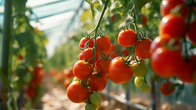 Verschillende tomaten in manden in de buurt van de kas Tomaten oogsten