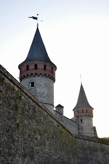 Verschillende torens van een middeleeuws stenen fort met een muur begroeid met mos Onderaanzicht