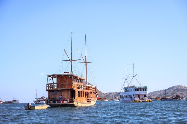 Verschillende traditionele houten boot drijvend op de zee bij een eiland in Labuan Bajo