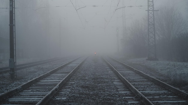 Verschillende treinrails eindigend in mist, spoorlijnen tijdens een koude herfstochtend