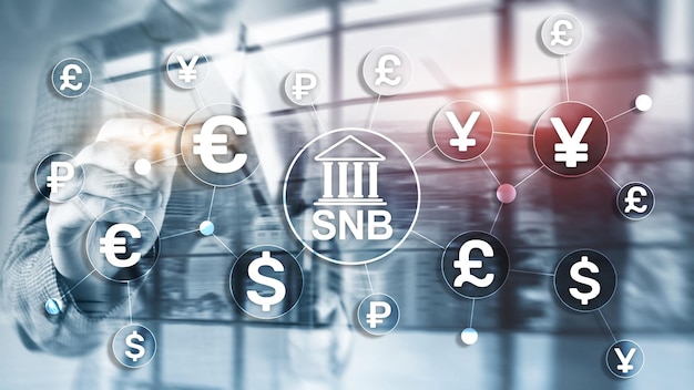 Verschillende valuta op een virtueel scherm SNB Zwitserse Nationale Bank