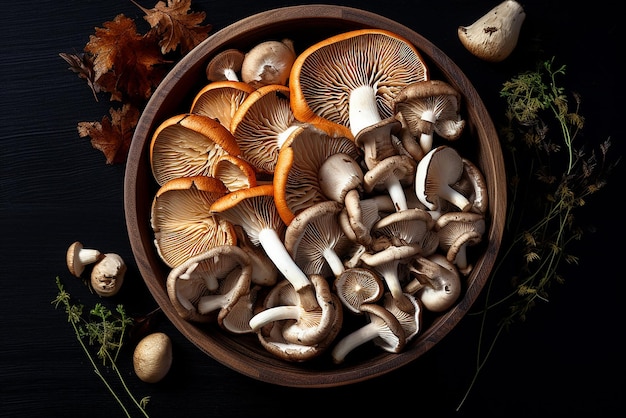 Verschillende verse wilde paddestoelen in een kom op zwarte achtergrond Culinaire paddestoelvariëteit gecreëerd met Ge