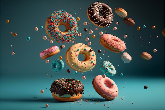 Verschillende versierde donuts in beweging vallen op blauwe achtergrond