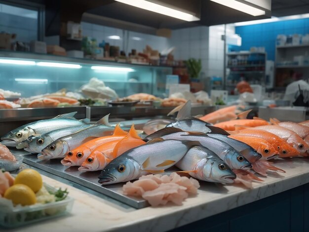 Foto verschillende vissen op de toonbank van de viswinkel