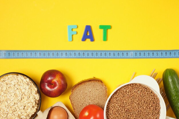 Foto verschillende voedingsmiddelen, blauw meetlint en inscriptie fat op gele achtergrond, eetstoornis concept bovenaanzicht