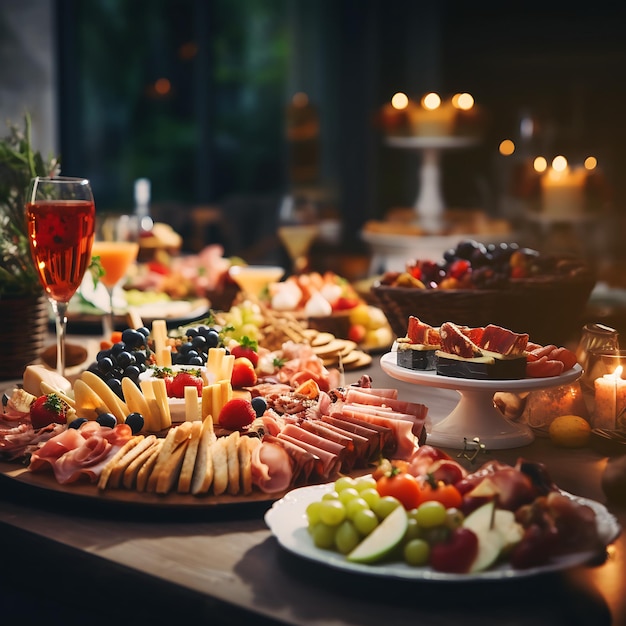 Verschillende voorgerechten op een houten tafel met glazen witte wijn