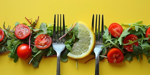 Foto verschillende vorken die verschillende voedingsmiddelen in een rij houden gezonde voedingsconcept flatlay generatieve ai