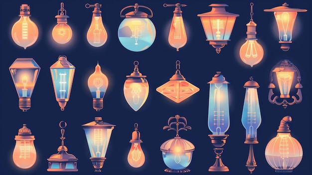 Foto verschillende vormen en ontwerpen van vloer en plafond gloeiende elektrische lampen gloeilampen moderne kroonluchter gloeilampjes fakkels geïsoleerde binnenverlichting apparatuur cartoon moderne illustratie