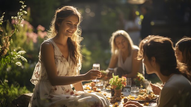 Verschillende vrouwen zitten aan een tafel met eten en drinken Generatieve AI