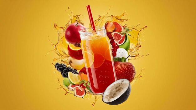 Foto verschillende vruchten en sap splashes multifruit sap