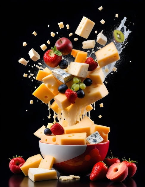 Verschillende vruchten en stukjes kaas exploderen uit een witte schaal tegen een zwarte achtergrond
