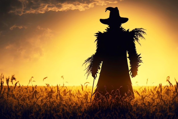 Verschrikkelijk silhouet van een enorme vogelverschrikker die op het veld staat tegen de achtergrond van de zonsondergang