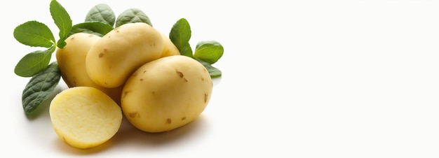 Verse aardappel met bladeren isoleren op witte achtergrond Macro studio opname AI gegenereerd Header banner mockup met ruimte