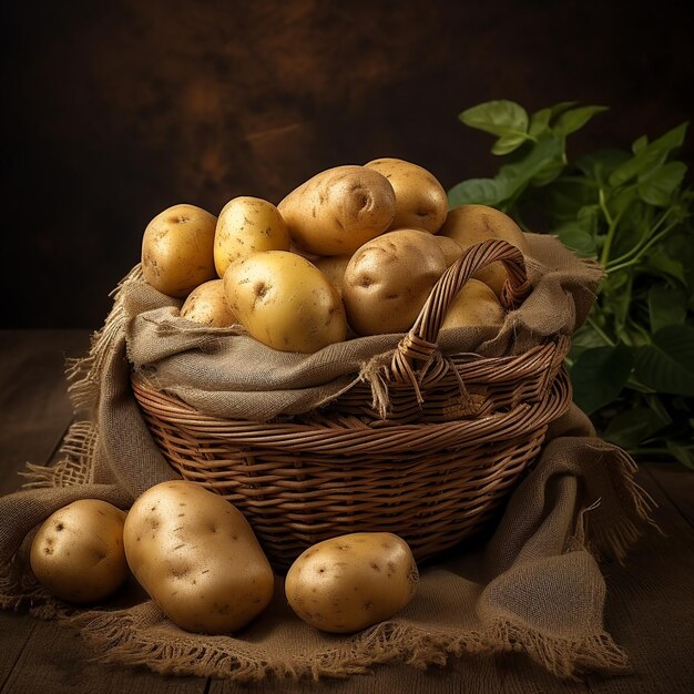 Foto verse aardappelen in een vliezen mand op een bruine zak