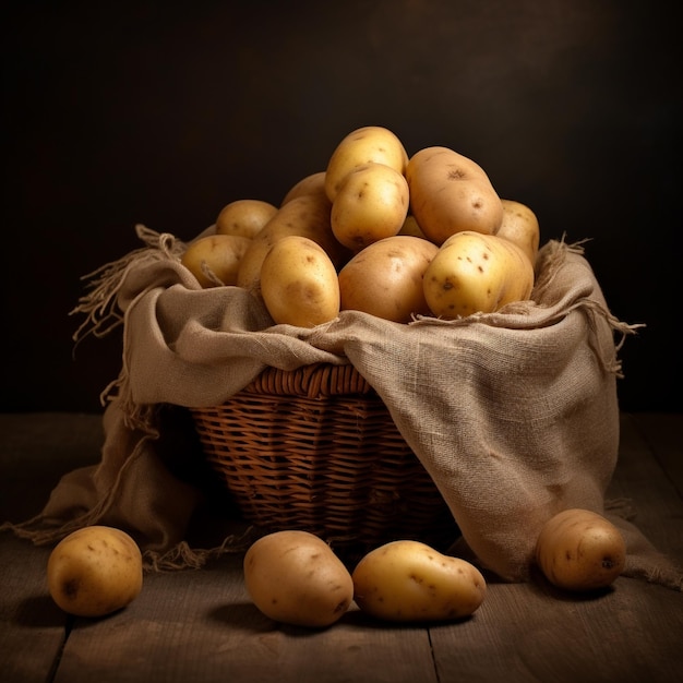 Foto verse aardappelen in een vliezen mand op een bruine zak