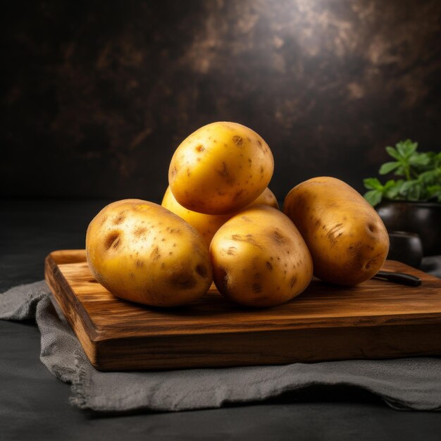 Verse aardappelen op een houten plank op een donkere achtergrond Generatieve AI