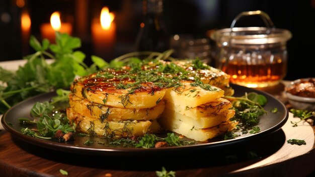 Verse aardappelschijf op een bord gourmetmaaltijd