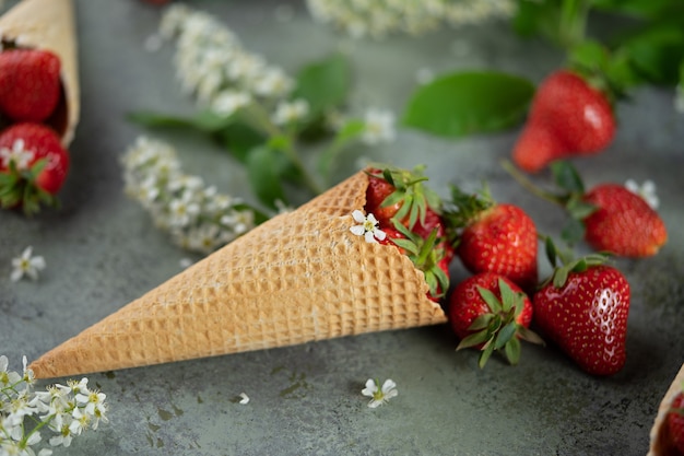 Verse aardbeien bessen in wafel kegel en vogelkers bloemen en takken.