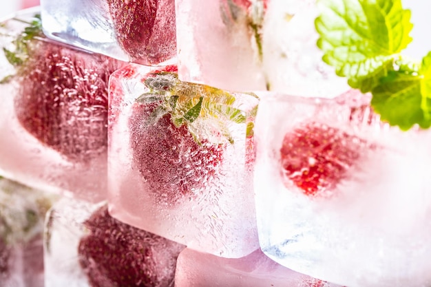 Foto verse aardbeien bevroren in ijsblokken met melissa bladeren