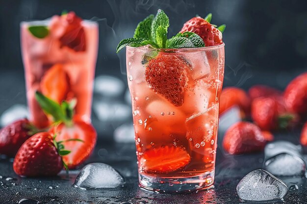 Verse aardbeien cocktail Verse zomer cocktail met aardbeien en ijsblokjes Glas