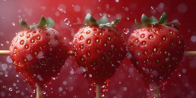 Verse aardbeien glinsteren met waterdruppels tegen een rode achtergrond sappige vruchten perfect voor culinair ontwerp ideaal voor food blogs en menu's AI