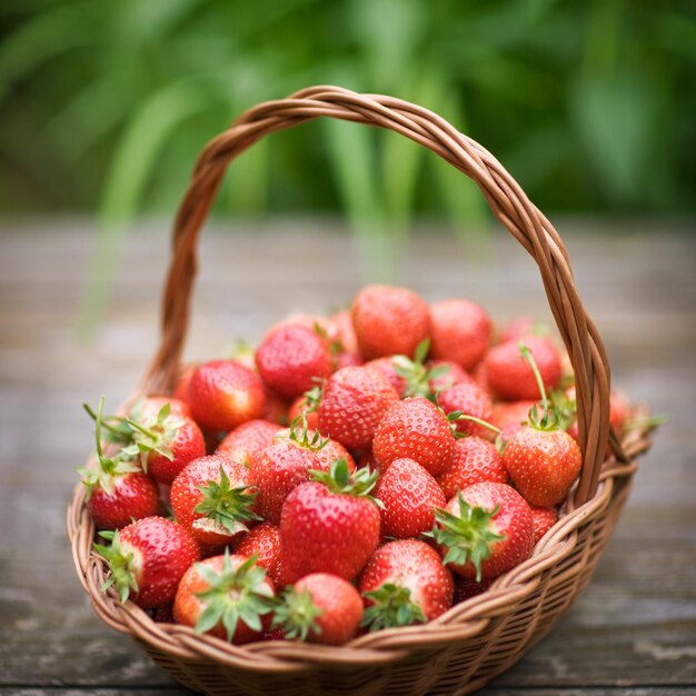 Verse aardbeien in een mand op oude houten tafel, selectieve focus