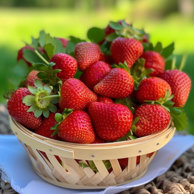 Verse aardbeien in een rieten mand op een groene grasachtergrond