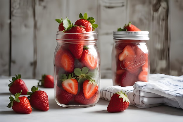 Verse aardbeien in een vintage Mason Jar aardbeien achtergrond