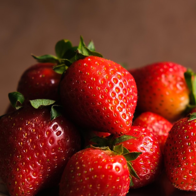 Verse aardbeien op bruine achtergrond