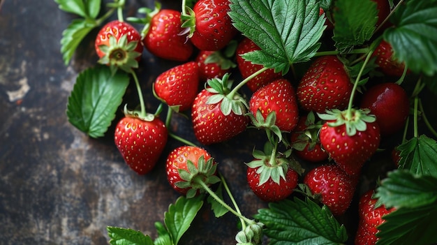 Verse aardbeien op takken liggen op de tafel.