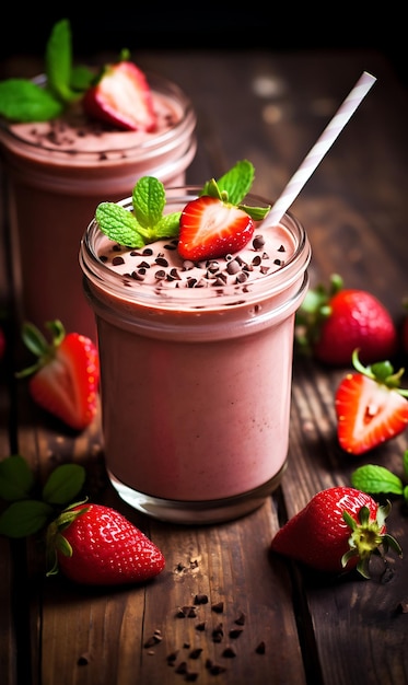 Verse Aardbeiensmoothie of milkshake met chocolade