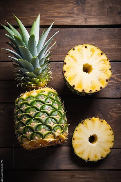 Foto verse ananas en plakjes op een houten tafel