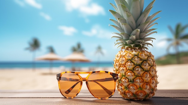 Verse ananas en zonnebril staan op het strand.